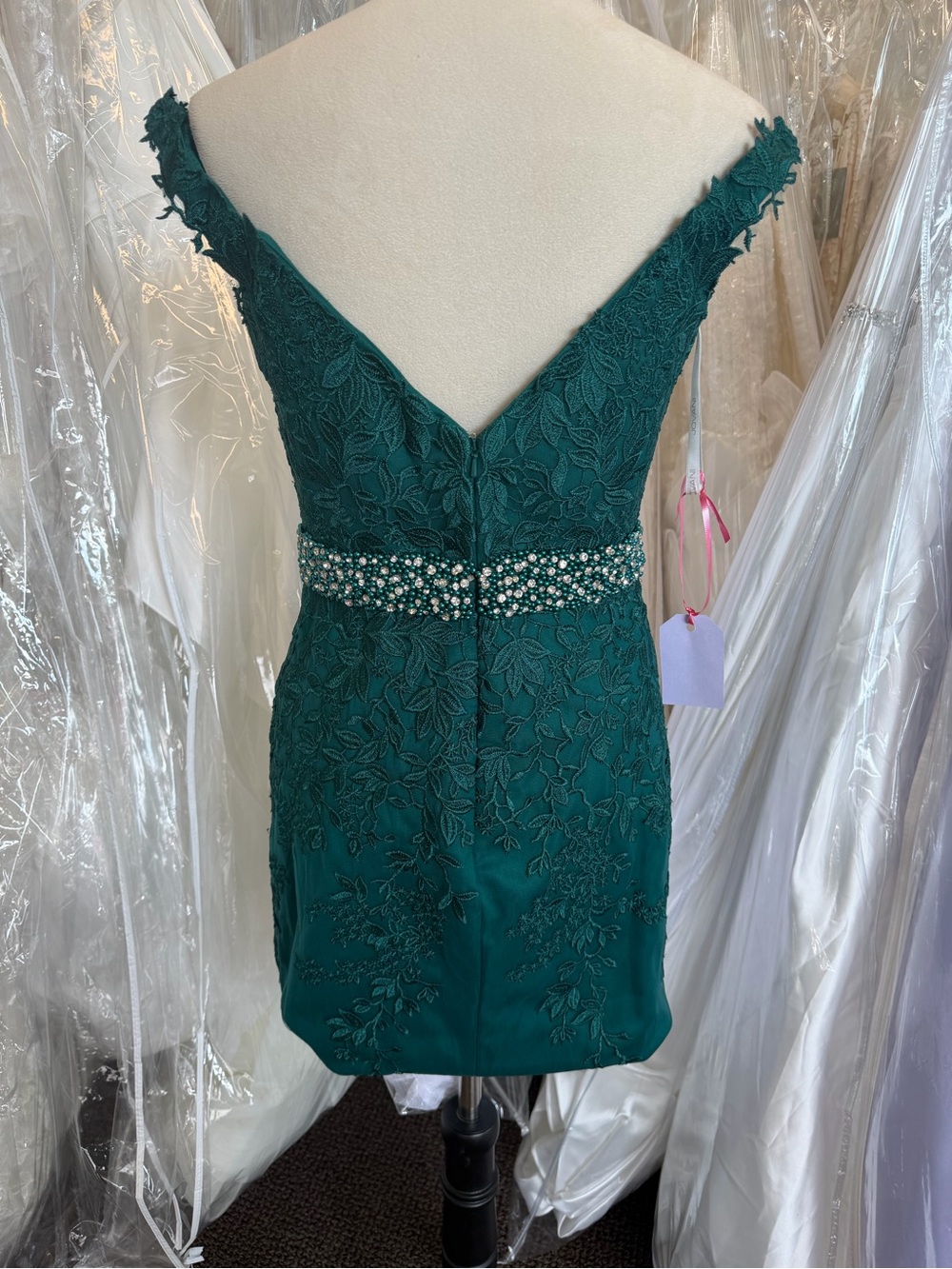 JVN Emerald Lace Off-Shoulder Dress with Beaded Waist - Picture 7 of 11